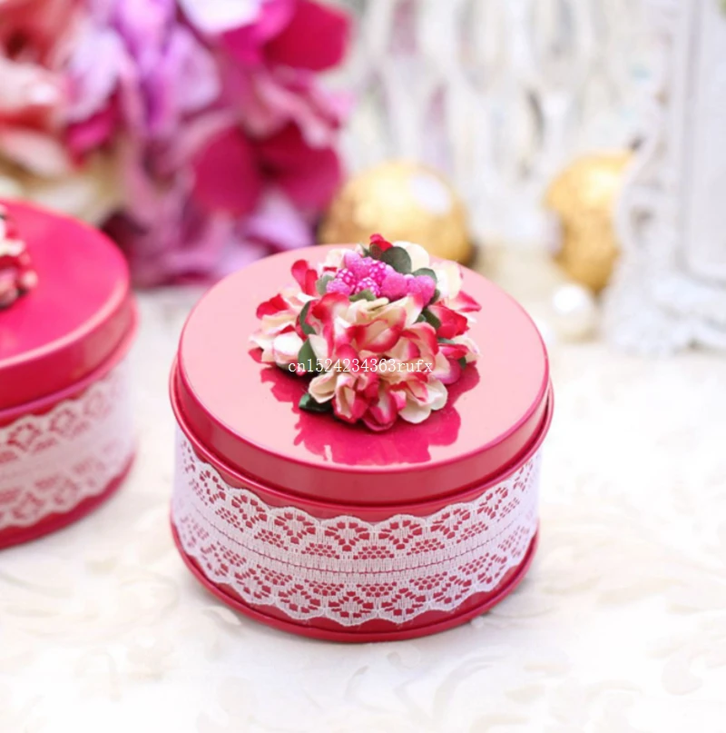 50pcs Round Shape Gift Boxes Tinplate Wedding Candy Box With Beautiful Flower Small Party Favor