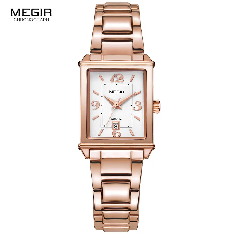 Megir Stainless Steel Bracelet Date Analogue Display Quartz Watch for Ladies Girls Luxury Simple Rose Gold Wristwatch for Women