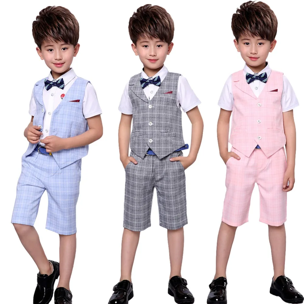 

LOLANTA 4Pcs Boys Summer Wedding Leisure Suit Vest Shirt Short with Bowtie Formal Gentleman Party Blazer Clothing Set 3-12 years