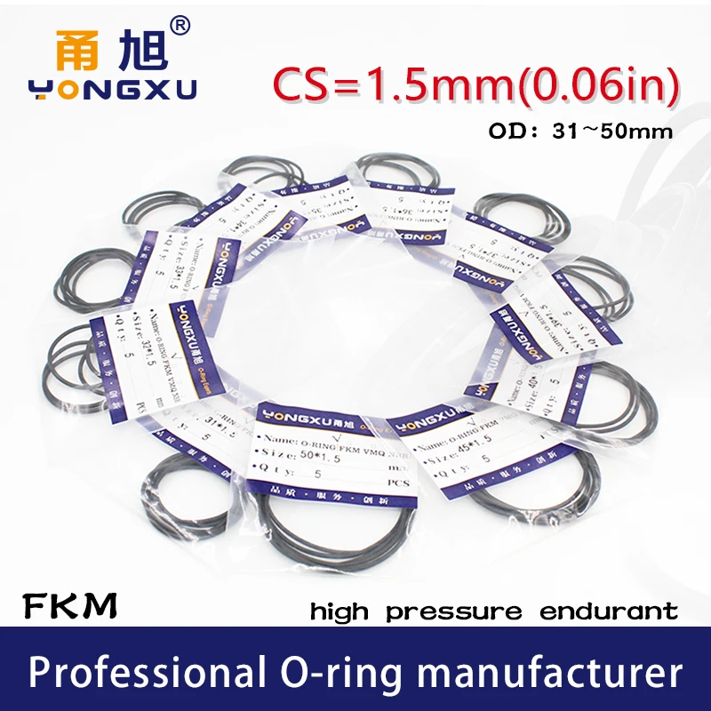 

5PCS/lot Black FKM Fluorine Rubber O-rings Seals CS1.5mm OD31/32/33/34/35/36/37/38/39/40/45/50*1.5mm O Rings Seal Gasket Ring