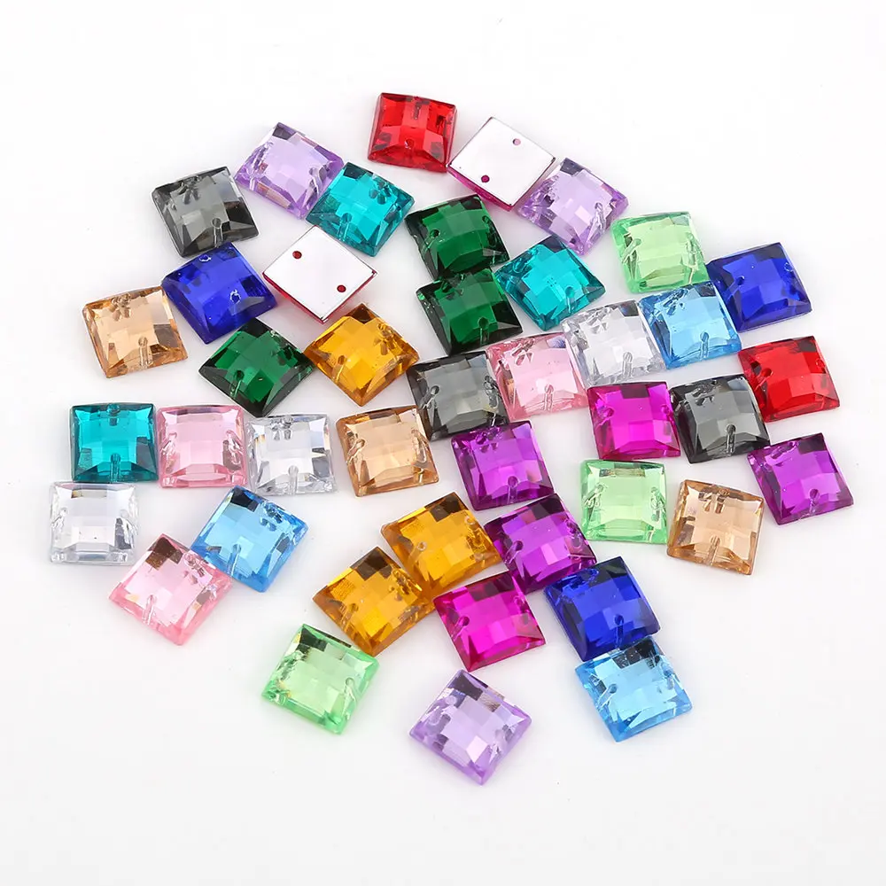 10mm 100 pcs quảng trường với hai lỗ Long Lanh Crysta May Trên Rhinestone Acrylic Flatback May Hạt Cho DIY May đồ trang sức