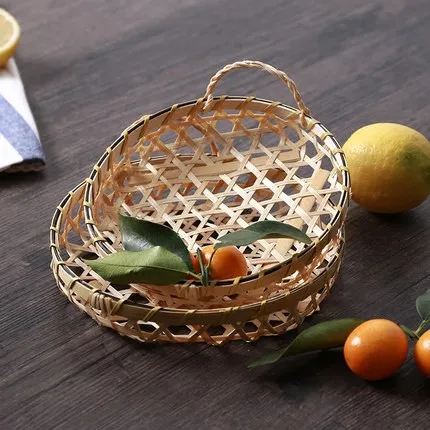 Handmade Bamboo Braided Round Handle Dish Plate Fruit Plate Hotel Restaurant Refreshment Tray Creative Desktop Storage Basket