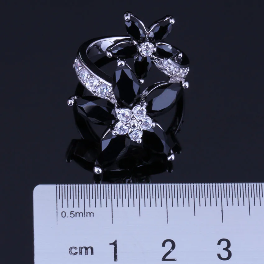 Silky Star Black Cubic Zirconia White CZ Silver Plated Ring V0516