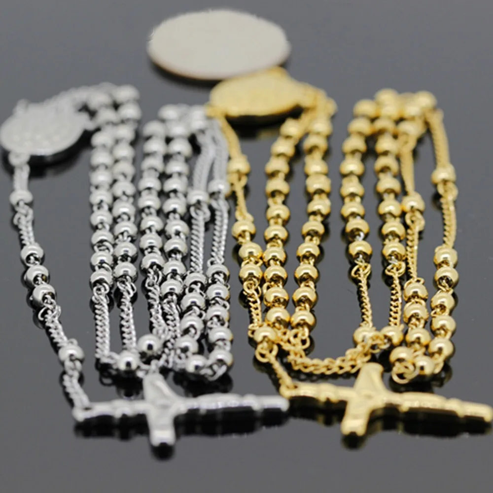 Gold / Silver Color Choose 316L Stainless Steel 4MM Rosary Beads Chain Necklace Cross Pendant