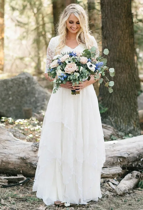 2021 Country Bohemian Wedding Dresses Cheap Lace Modest V Neck Half Sleeves Bridal Gowns Plus Size wedding gown arden Forest