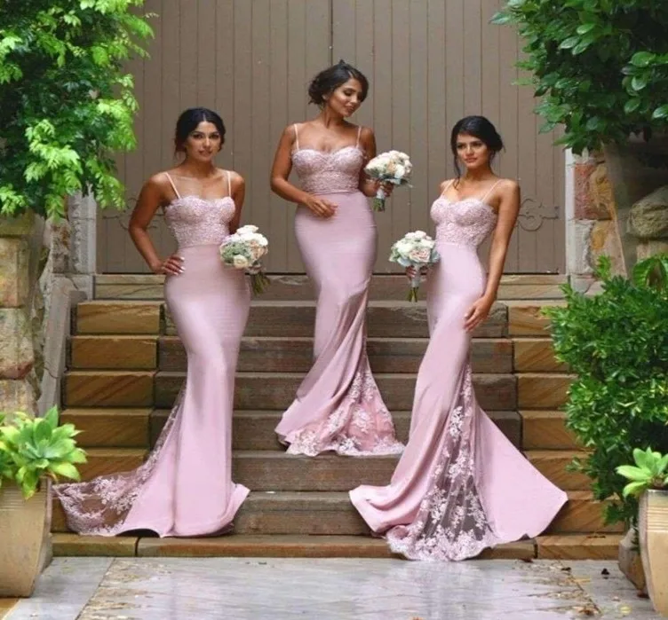 

Sexy Bridesmaid Dresses Spaghetti Strap Vestido De Festa De Casamento Sheer Lace Applique Blush Peach Long Bridesmaid Dresses