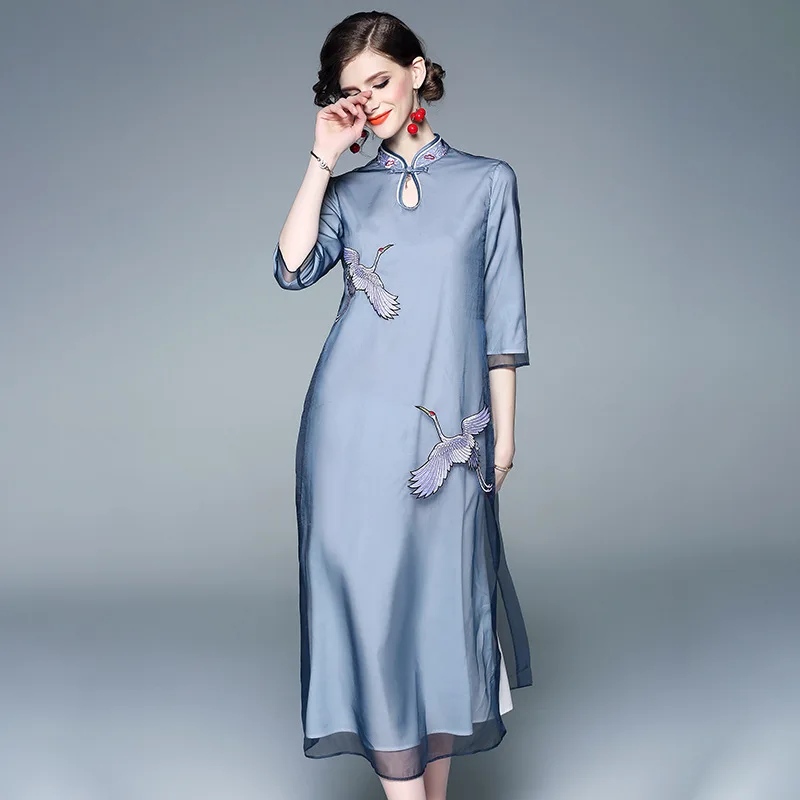 Vestido cheongsam de estilo chino, bordado de grulla de organza, estilo retro mejorado, novedad de primavera 2023