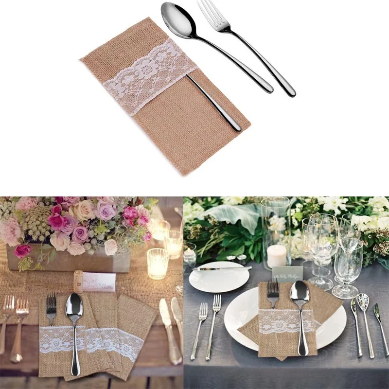 

50pcs Lowest price Jute Hessian Burlap Cutlery Holder Pouch rustic wedding decor vintage wedding decoration Table Decor