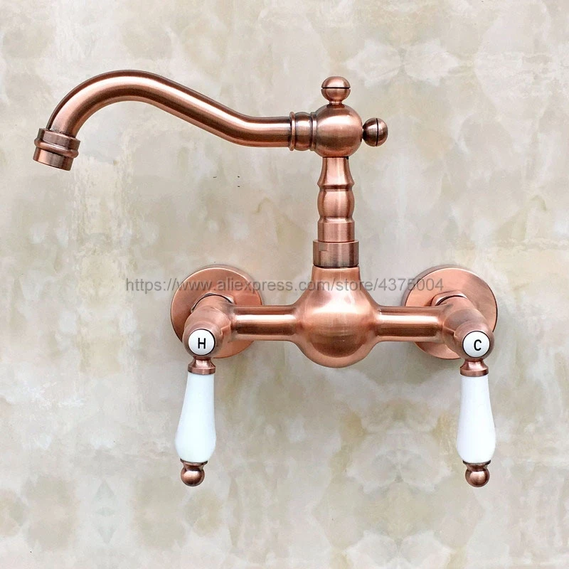 Imagem -05 - Cobre Antigo Torneiras de Lavatório Montado Parede Dupla Alça Dupla Buraco Pia do Banheiro Lavatório Torneira Misturadora de Água Nrg035 Vermelho