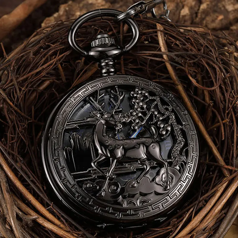 Jam Tangan Saku Mekanis Rusa Perunggu Antik Jam Tangan Rantai Rantai Rantai Rantai Rantai Unisex Berongga Steampunk Pria Hadiah Jam Tangan Hitam