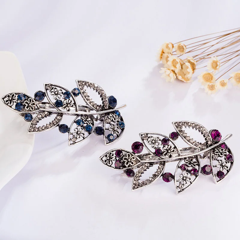 EASYA Blue Purple Crystal Leaf Barrettes Hairwear Hair Accessories Vintage Rhinestone Leaves Hairpin Clips Ornaments