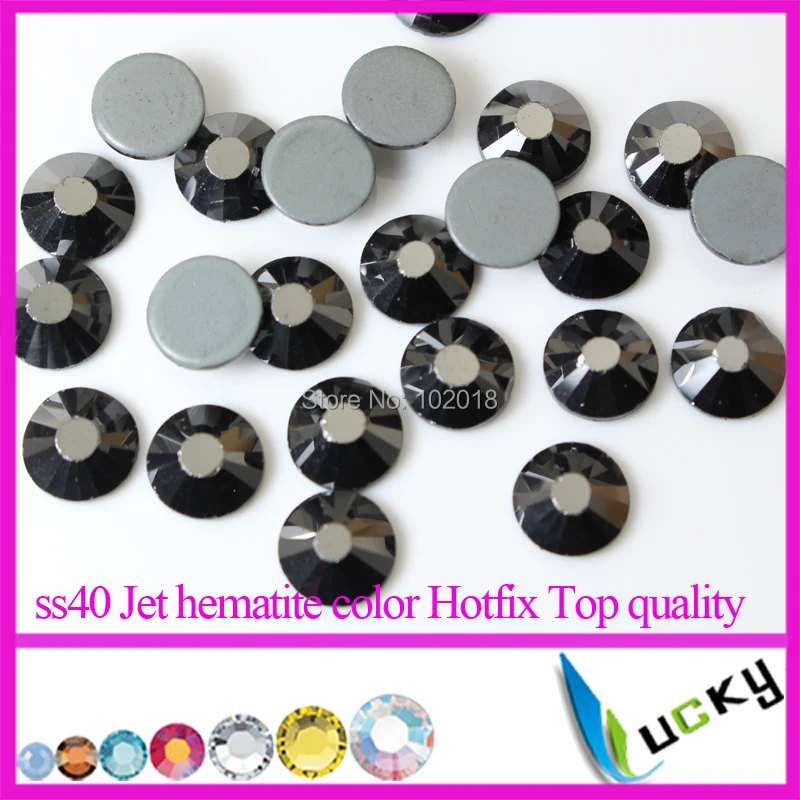 Top quality Large size DMC  Jet Hematite color SS40 8.2-8.4mm Hotfix Rhinestones with glue 144pcs/bag Copy Swarov 2038 stass