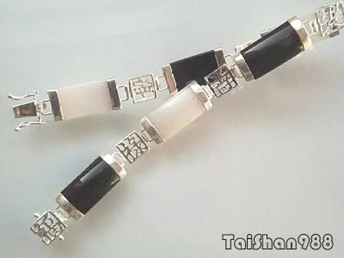 Black Agate White Jade 18KWGP Fortune Longevity happiness Luck Link Bracelet AAA style Fine jewe Noble 100% Natural jade 5.26