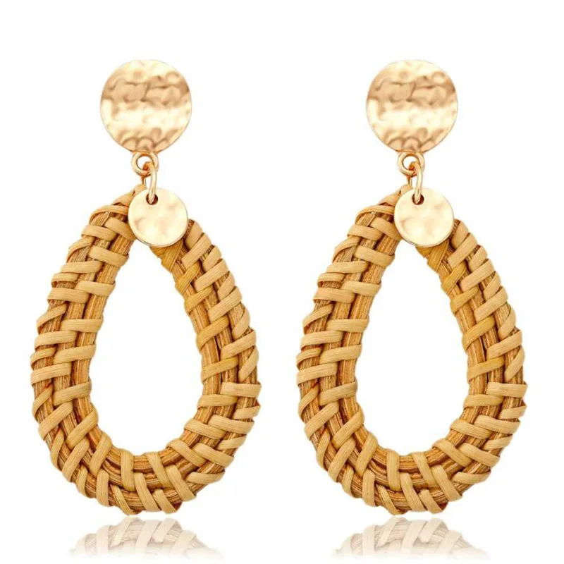 New Design Handmade Wooden Straw Weave Rattan Hollow Circle Drop Earrings Vine Braid Geometric Big Round For Women Jewelry 2024