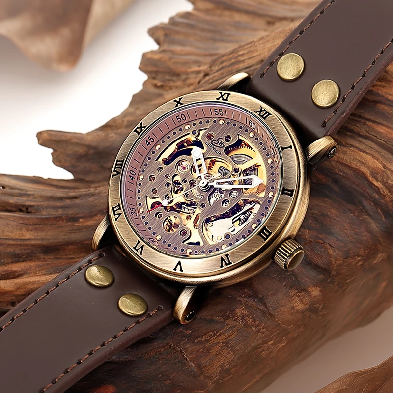 Retro Hollow Skeleton Automatic Mechanical Watches Men\'s Steampunk Bronze Leather Brand Unique Self-wind Mechanical Wristwatches