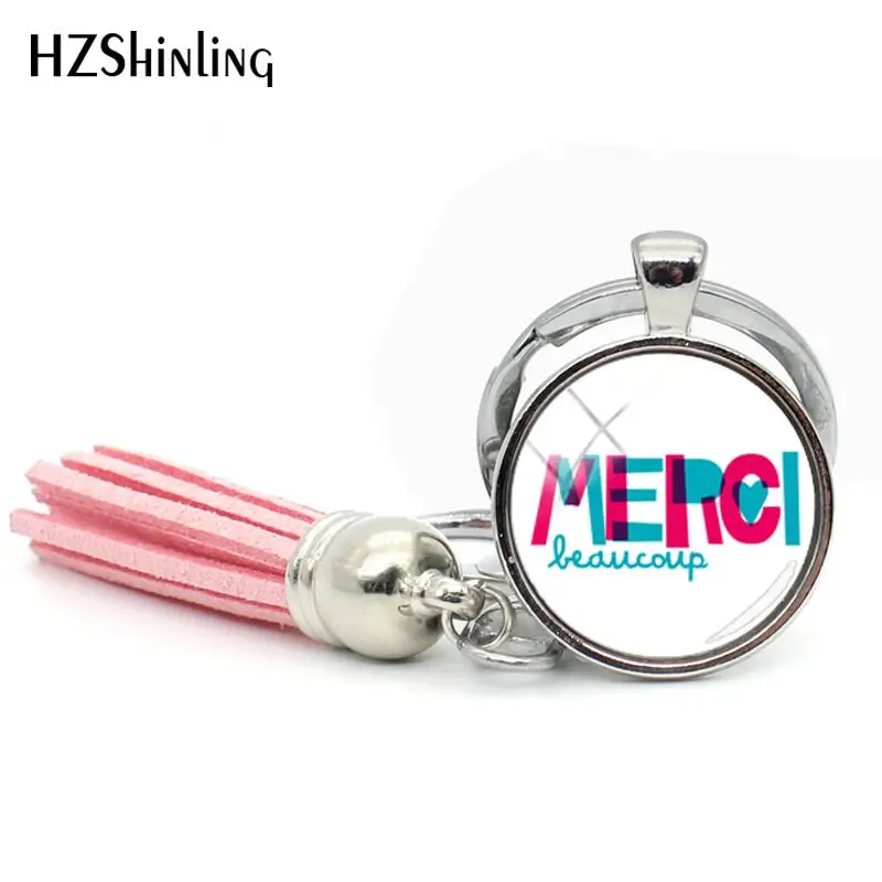 2018 Nieuwe Merci Beaucoup Kwastje Sleutelhanger Dank U Keychians Glass Dome Cabochon Sieraden Foto Sleutelhanger Vrouwen