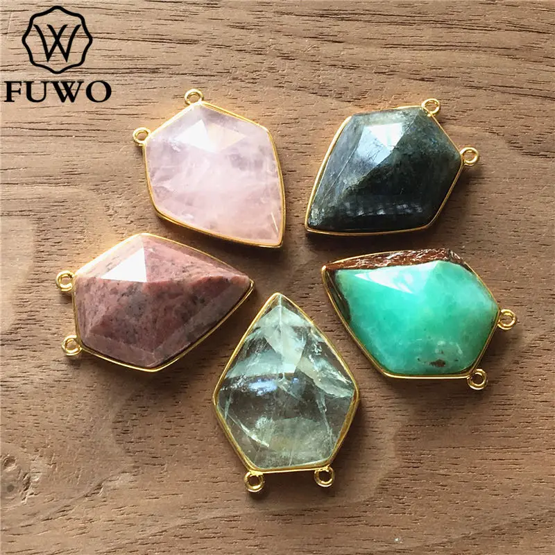 FUWO Natural Stone Shield Double Hook Pendant With Golden Trimmed Fashion Labradorite Pink Quartz Fluorite For Necklace PD237