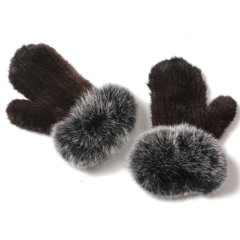 

CX-A-74B Winter Knitted Fingerless Genuine Natural Warm Elastic Real Mink & Fox Fur Gloves for Women