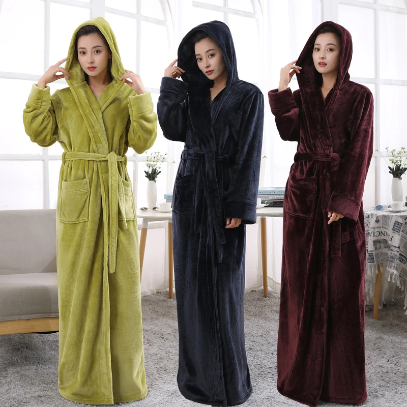 Women Hooded Extra Long Warm Velvet Bathrobe Lovers Winter Flannel Bath Robe Floor Length Thermal Dressing Gown Men Sleepwear