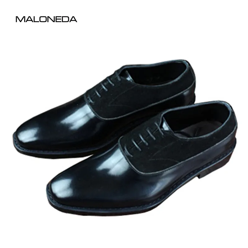 MALONEDA Handmade Goodyear Patent Leather and Cow Suede Formal Shoes Black Lace up Oxfords Dress Shoes for Male