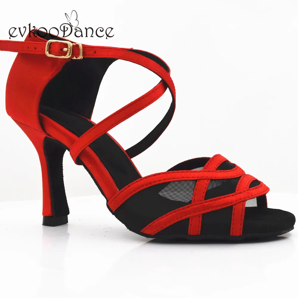 Evkoodance DIY Zapatos De Baile Size US 4-12 Red Satin With Black Mesh 8.3 cm Heel Height Latin Satin Dance Shose Evkoo-525