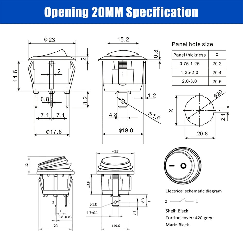 5 개/몫 20mm 미니 라운드 로커 스위치 플라스틱 푸시 버튼 스위치 6A 250VAC 10A 125VAC ON-OFF ON-OFF-ON 2Pin 3Pin