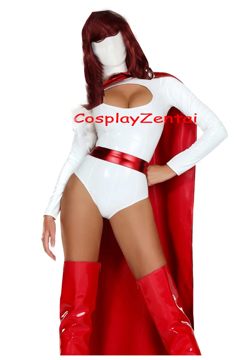 Powergirl Cosplay Halloween Costumes for Women Shiny Metallic Superhero Costume