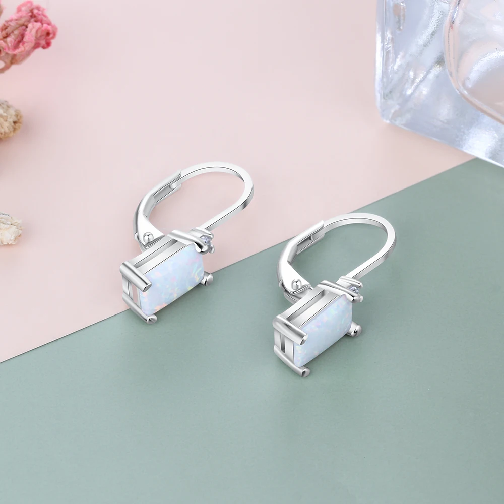 925 Sterling Silver Earrings Rectangular Created White Opal Earrings Fine Jewelry Accessories for Women Wedding Anniversary Gift