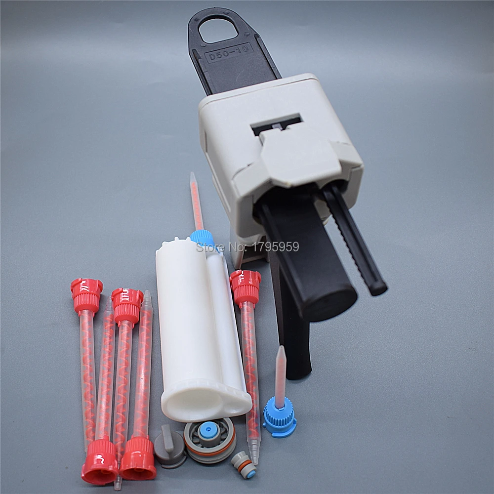50ml AB pistola per colla 10:1 Dispenser per pistola per calafataggio con 50ml 1: 1 cartuccia vuota a doppio barilotto e Set di ugelli per miscelazione statica 7pc 10:1 AB