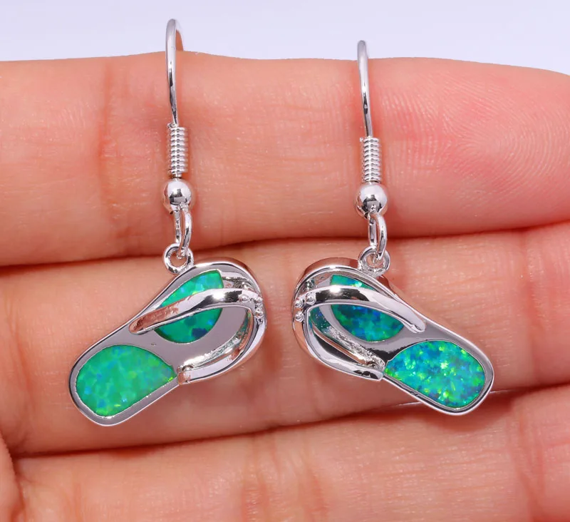 CiNily Created Green Fire Opal Silver Plated Wholesale Flip Flops for Women Jewelry Dangle Earrings 1 1/8