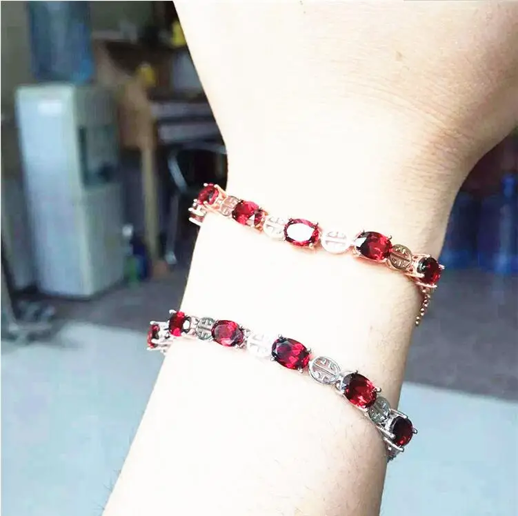 

Garnet chain bracelet Free shipping Real natural red garnet 925 sterling silver Luxury bracelets Gem Size 5*7mm 6pcs