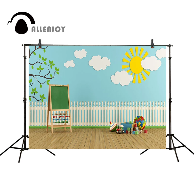 

Allenjoy photography backdrops Children background drawing board toys wooden floor sun cloud tree photography Photo background