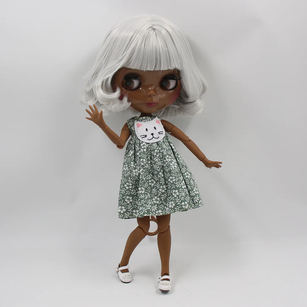 Blyth doll super balck darkest skin tone 30cm silver short hair joint body icy sd high quality gifts toy