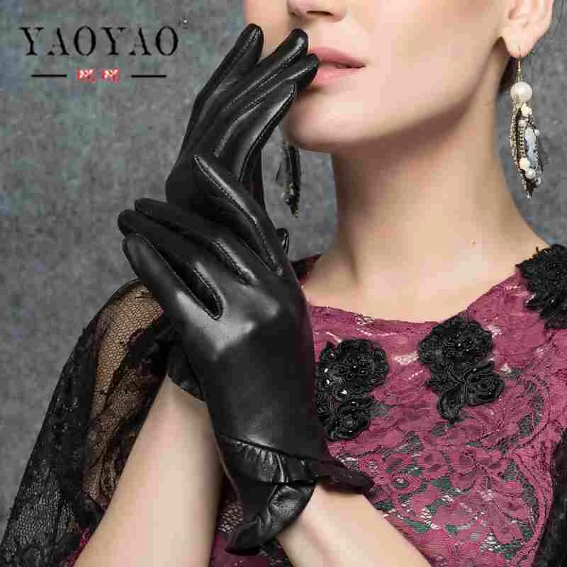 YY8110 Brand New Women Winter Genuine Leather Black Falbala Gloves Ladies Thin Ruffle Short Design Real Goat Skin Mittens