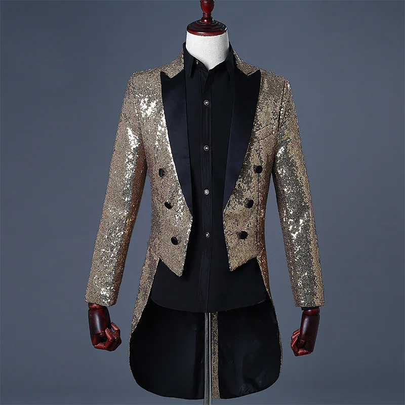 Shiny Red Sequin Glitter Embellished Tuxedo Blazer Men Nightclub DJ Party Wedding Tailcoat Suits Mens Stage Singer Costume Homme