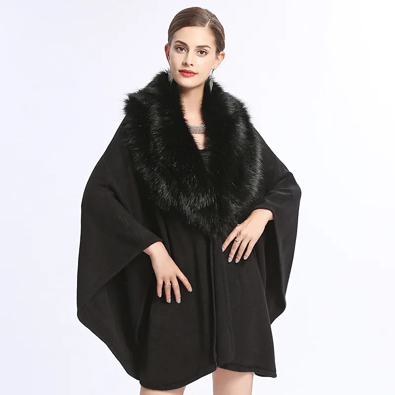 

SWONCO Winter Cape On Shoulder With Faux Fur Collar Women Capes Coat White Winter Poncho Capa Con Capucha Black Long Cape Women