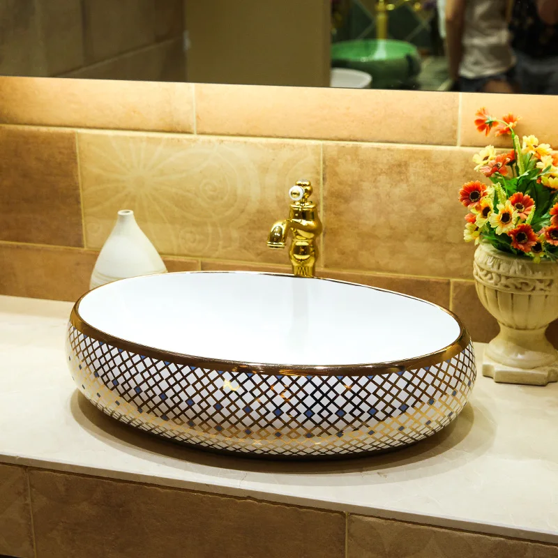 

Oval gold pattern Porcelain Cloakroom Wash Basin Lavabo Counter top Sink Vessel Bathroom Art Wash Sink bathroom sinks