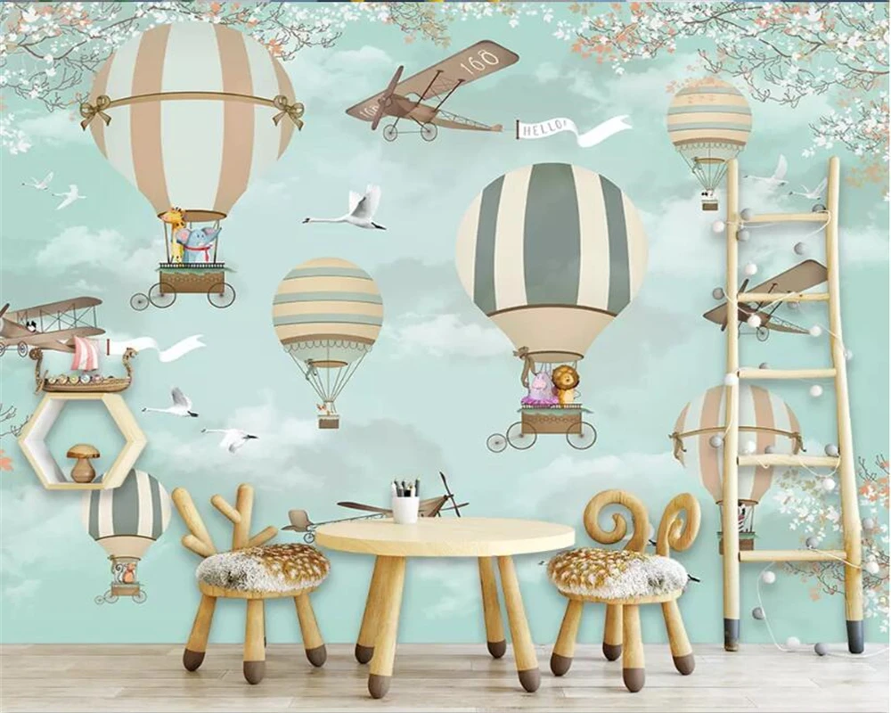 

Custom 3d wallpaper Mural Cartoon hot air balloon aircraft Blue sky animal Hand Painted wallpaper for kids room