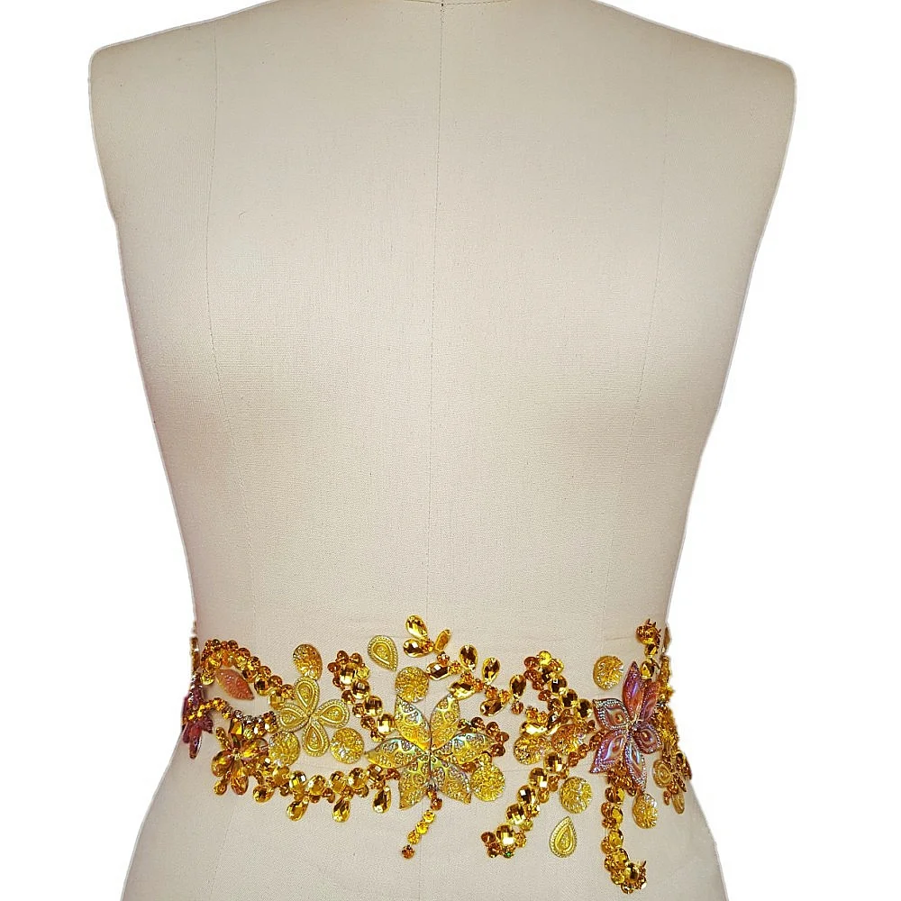 GORGEOUS 10x24cm Yellow Crystal Rhinestone Beaded Designer Patches Sew-on Applique Sequins DIY Wedding for Belt Waist Decoration