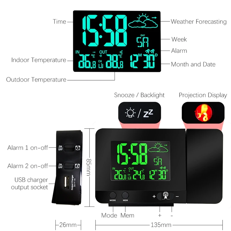 Radio zakontraktowana projekcja stacja pogodowa Kolorowy wyświetlacz LCD Prognoza pogody USB Bezprzewodowy czujnik temperatury zewnętrznej