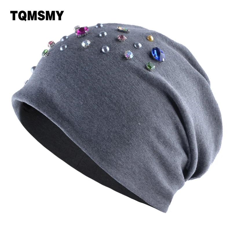 Autumn Winter Beanies Hat Female shinning Rhinestone Pearls Bonnet Caps Lady Elegant Turban hats Skullies Fashion Head Accessory