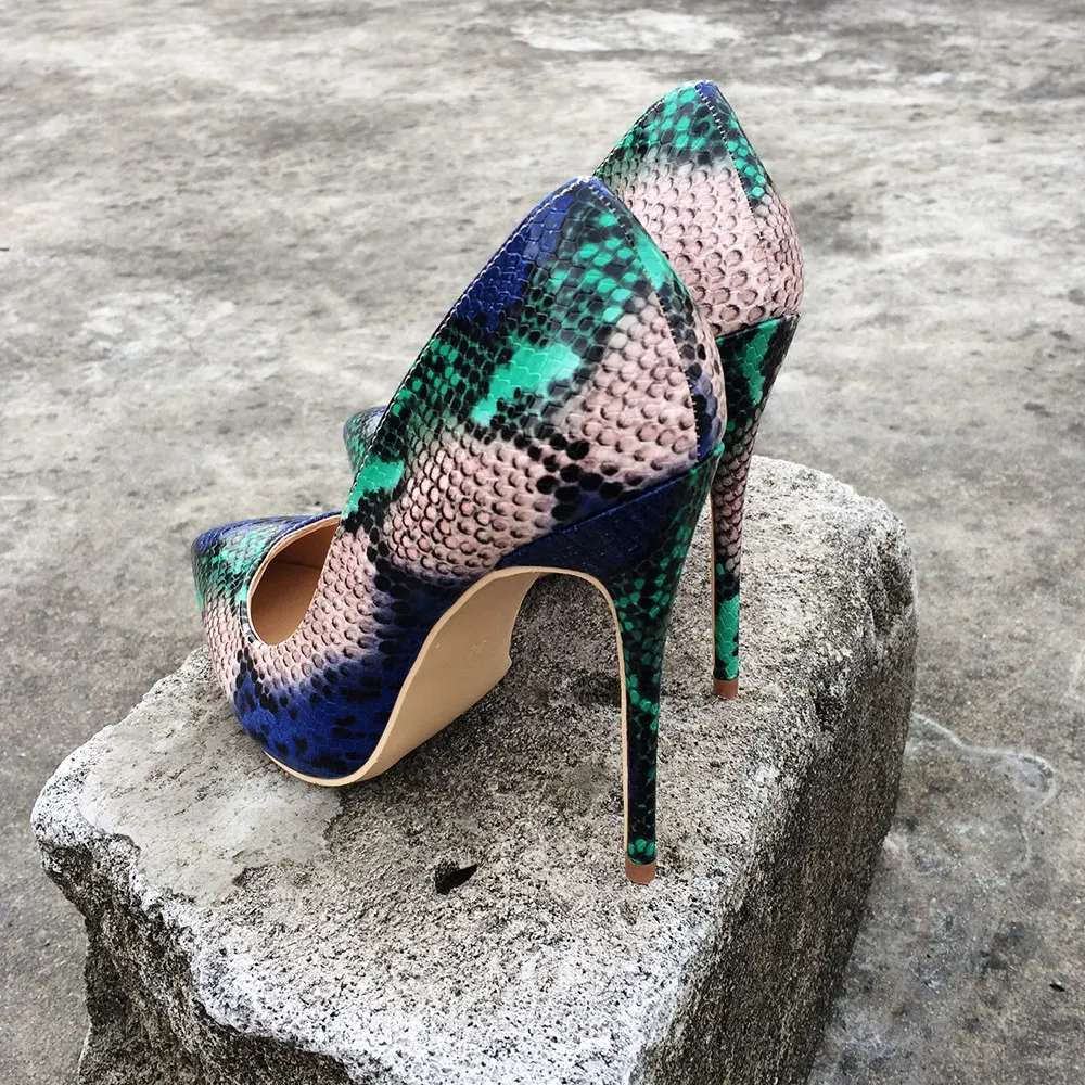 Veowalk Snake Printed Leather Women Sexy High Heels 12/10/8cm Stiletto Fashion Pointed Toe Slip on Pumps Party Shoes for Woman