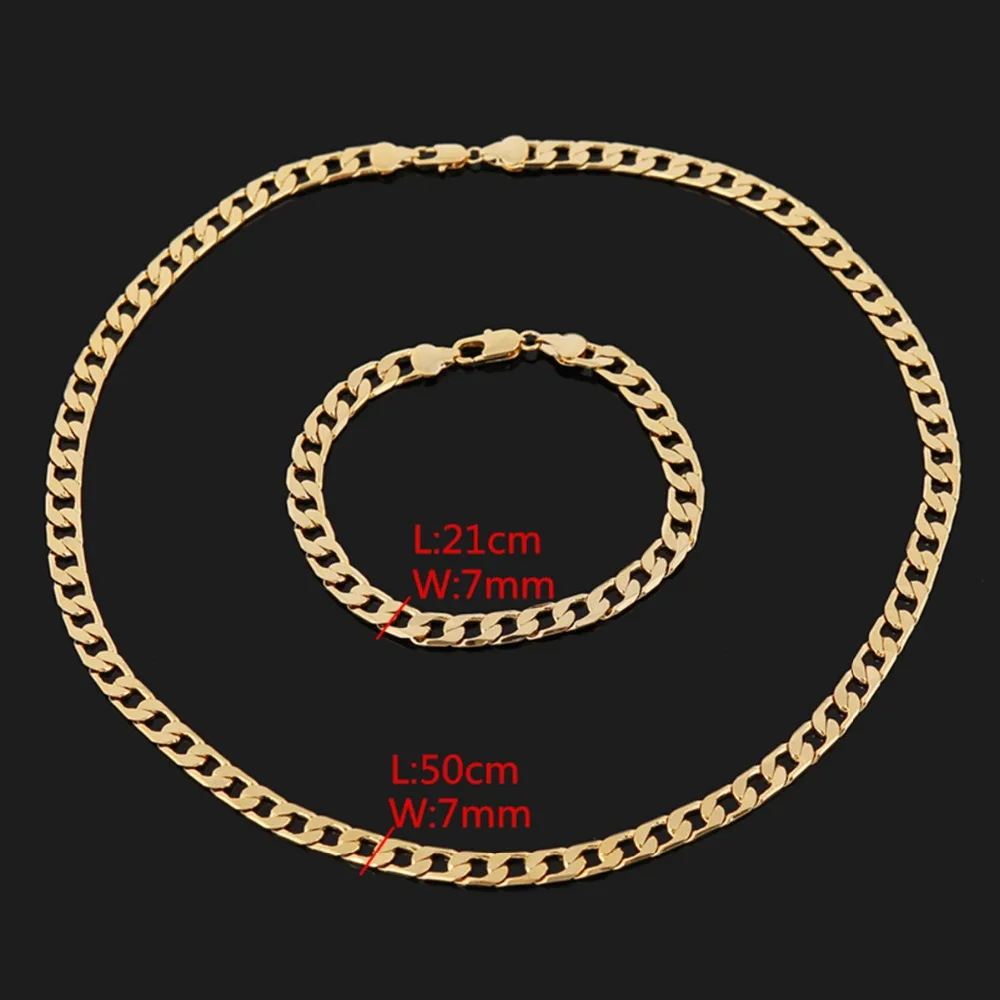 Bangrui Width 7mm 50cm & 21cm Jewelry New Golden Color Chain Necklace Bracelet Classical Set