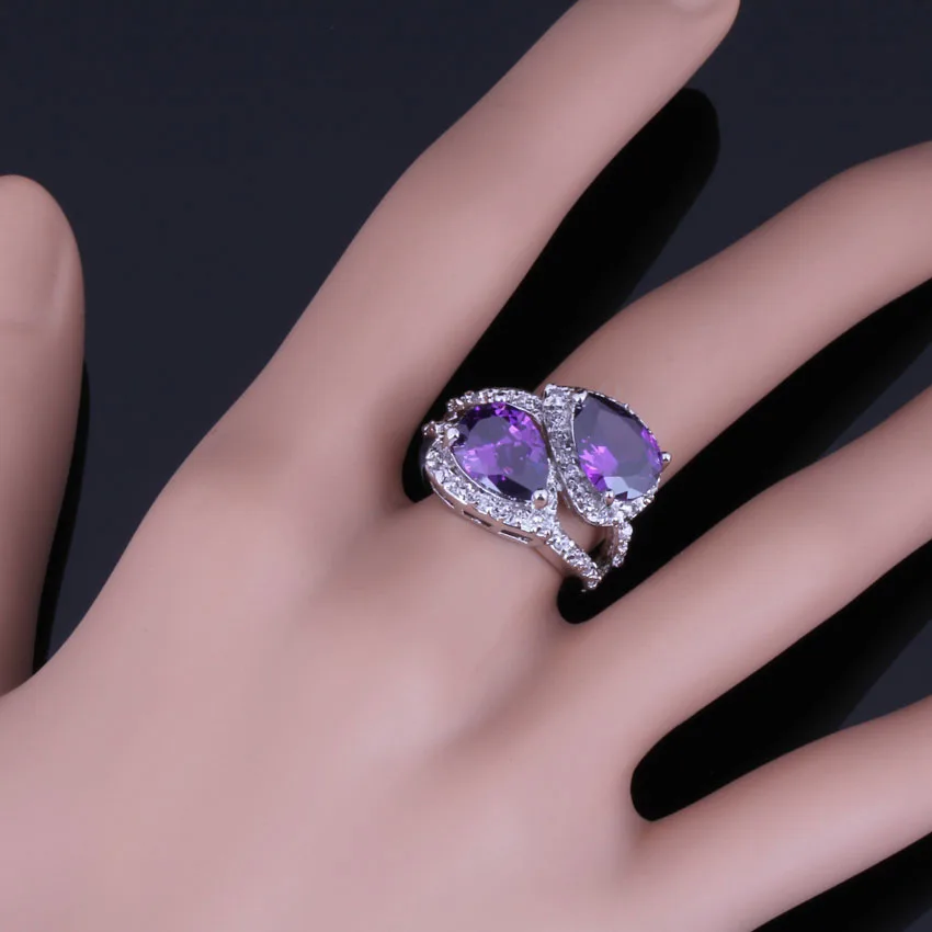 Fabulous Pear Purple Cubic Zirconia White CZ Silver Plated Ring V0471