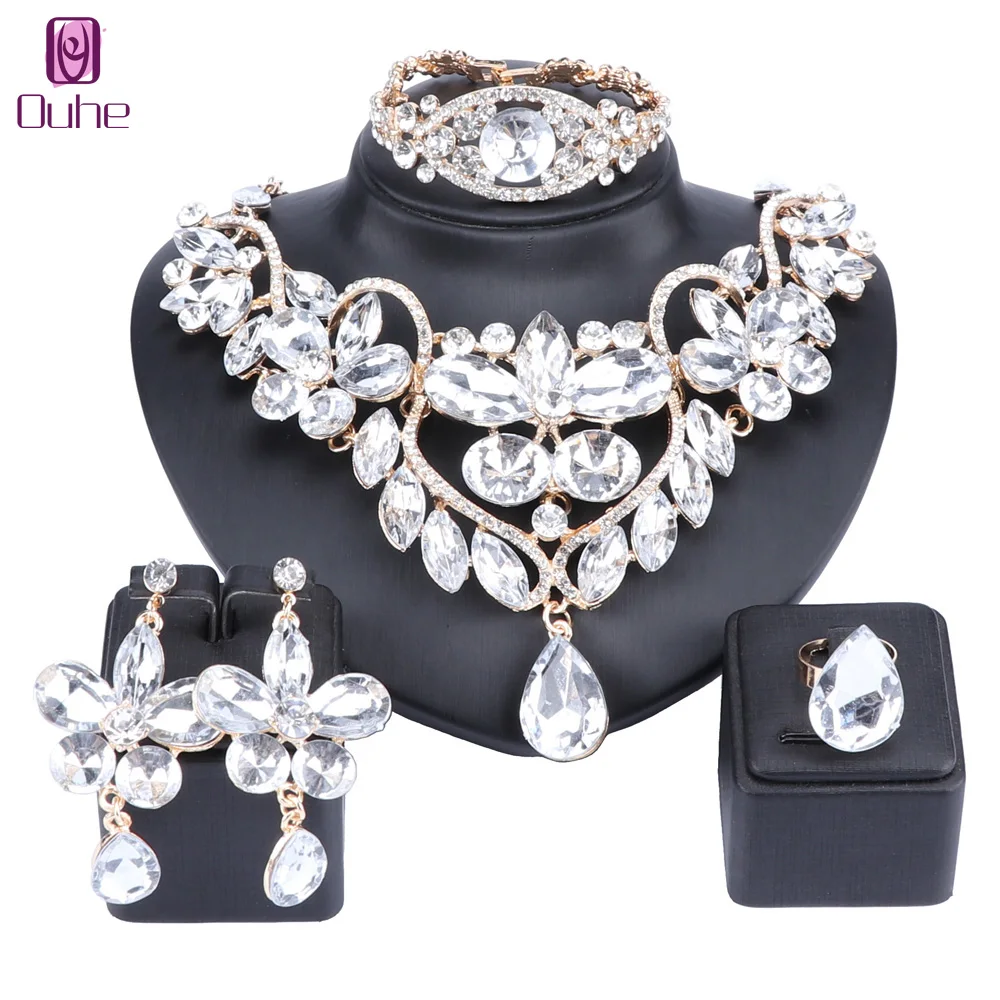 Luxury Crystal Rhinestone Flower Necklace Bracelet Earrings Ring Set For Women Wedding Bridal Jewelry Sets 5 Colors