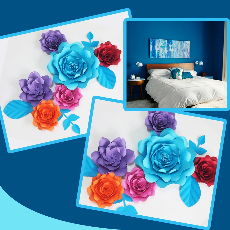 DIY Giant Paper Flowers Fleurs Artificielles Backdrop Artificial Rose 6pcs+4 Leaves Bedroom Wall Deco Color Themed Mix Colors