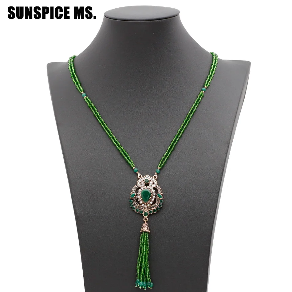 Sunspicems Turkish Women Vintage Bead Necklace Flower Pendant Long Tassels Sweater Chain Arabic Bridal Jewelry