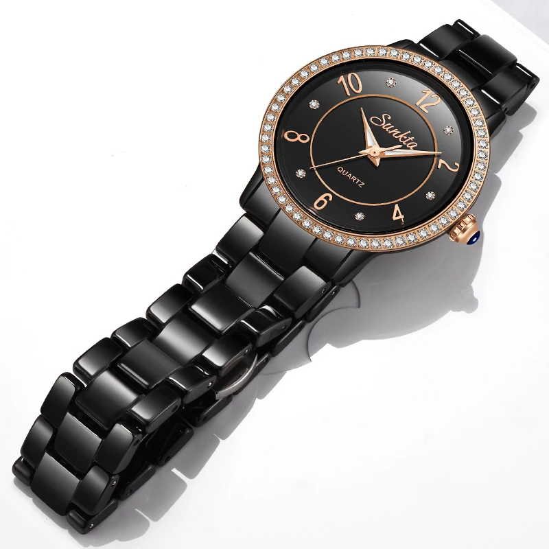 SunKta Luxury Rose Gold Black Ceramic Waterproof Watches Woman Classic Series Ladies Watch Top Quality Ladies Rhinestone Watch