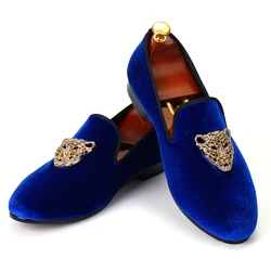 Animal Buckle Men Classic Wedding Shoes Blue Velvet Loafers Diamond Dress Shoes Free Shipping Size 6-14