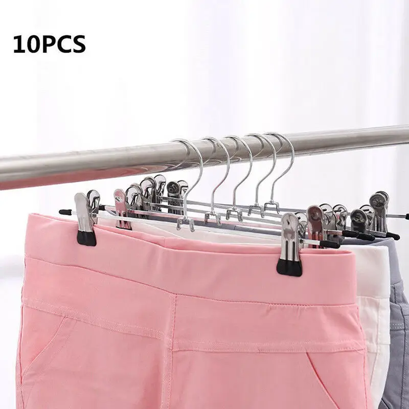 10PCS Metal Pants Skirt Hangers Trouser Stand Holder With 2 Clips Adjustable XN